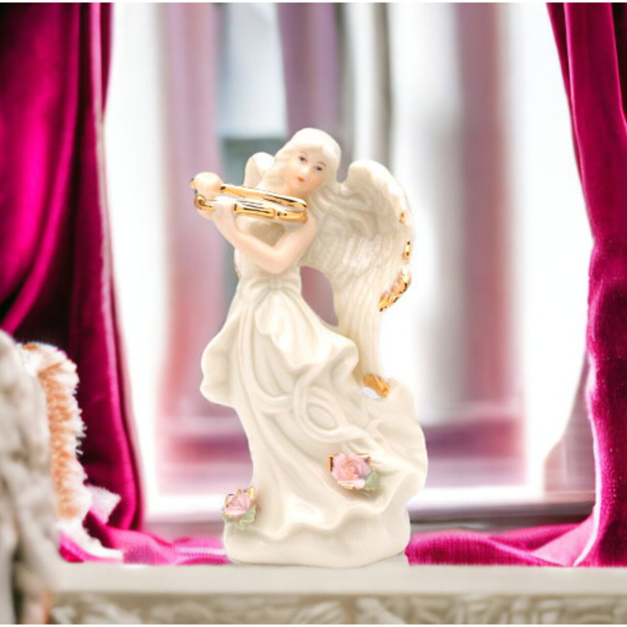 Ceramic Angel Playing Violin Figurine 4.5" Religious Gift Baptism